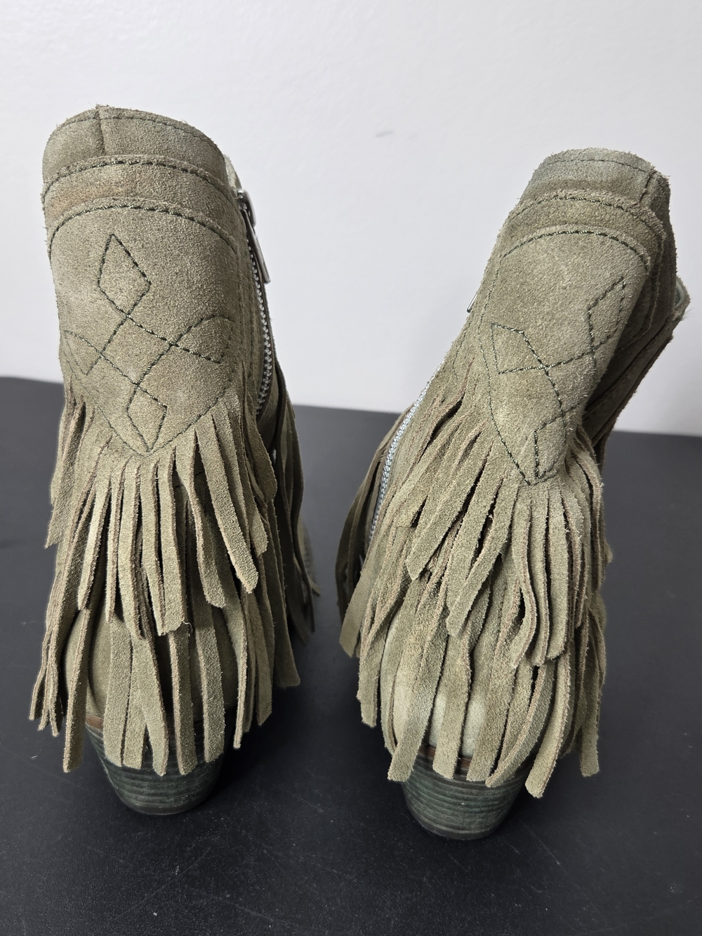 Free People Lawless Fringe Western Ankle Boots Olive Green Suede - Picture 7 of 11